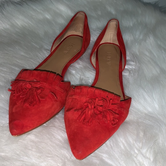 PUBLIC STORAGE TOOK J. CREW bright Red leather pointed Flats Sz 8 fringe suede - Picture 5 of 16